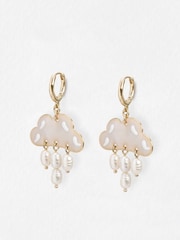Oliver Bonas White Tori Enamel Cloud & Faux Pearl Huggie Earrings - Image 1 of 5