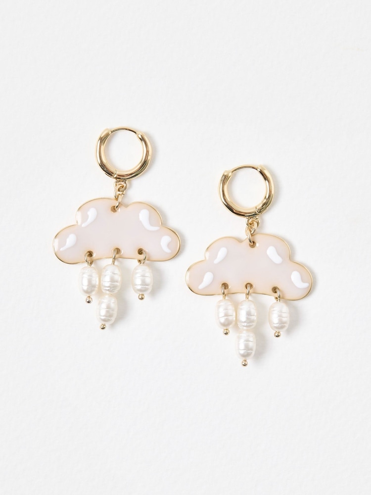 Oliver Bonas White Tori Enamel Cloud & Faux Pearl Huggie Earrings - Image 2 of 5