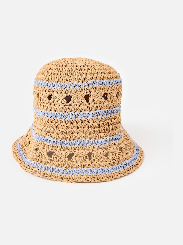 Oliver Bonas Brown & Blue Striped Packable Straw Bucket Hat - Imagen 2 de 5 Oliver Bonas Brown & Blue Striped Packable Straw Bucket Hat - Imagen 2 de 5