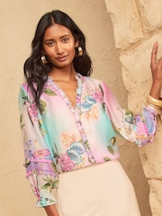 Love & Roses Pink Floral Ombre Ruffle Notch Neck 3/4 Sleeve Blouse - Image 1 of 4