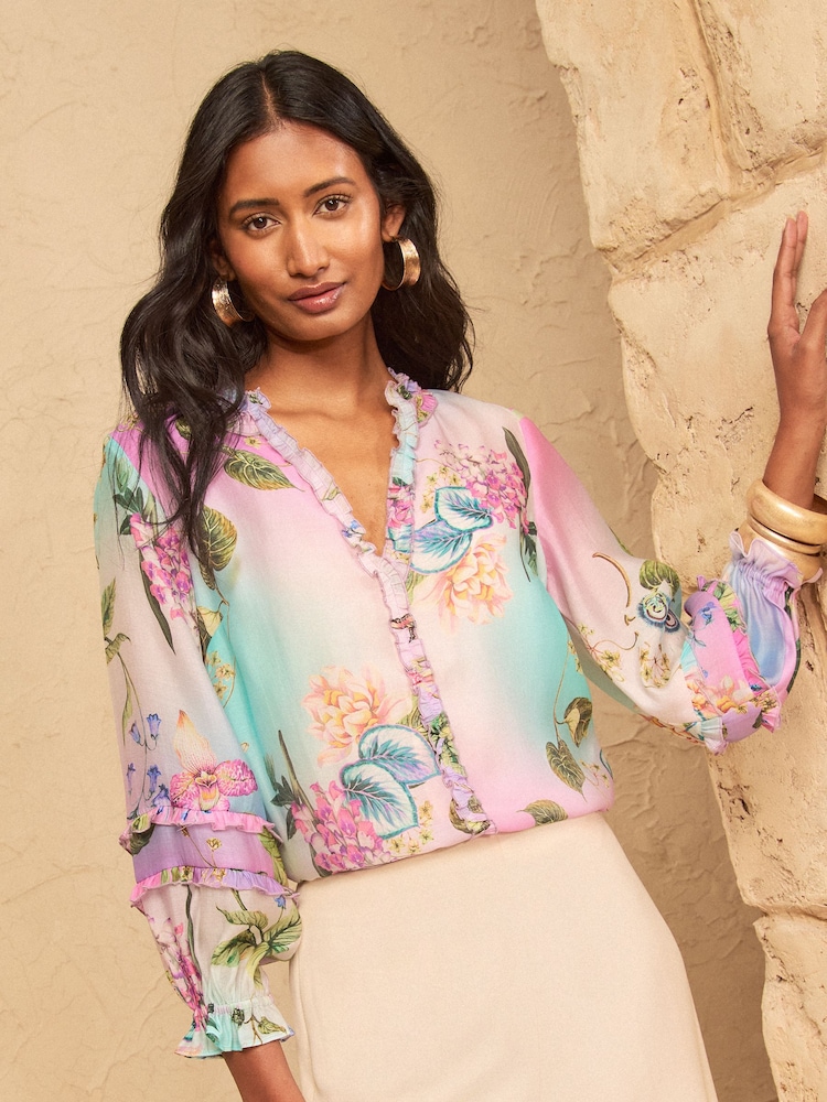 Love & Roses Pink Floral Ombre Ruffle Notch Neck 3/4 Sleeve Blouse - Image 1 of 4 Love & Roses Pink Floral Ombre Ruffle Notch Neck 3/4 Sleeve Blouse - Image 1 of 4