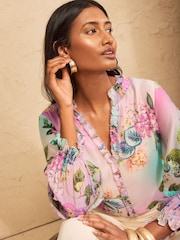 Love & Roses Pink Floral Ombre Ruffle Notch Neck 3/4 Sleeve Blouse - Image 2 of 4