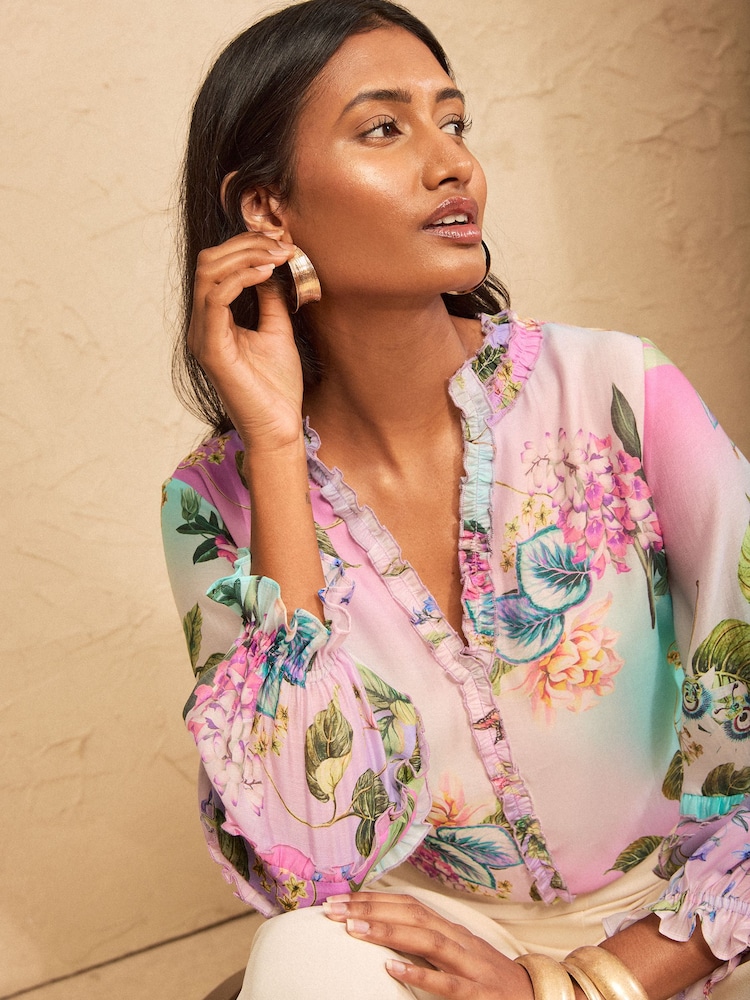 Love & Roses Pink Floral Ombre Ruffle Notch Neck 3/4 Sleeve Blouse - Image 2 of 4 Love & Roses Pink Floral Ombre Ruffle Notch Neck 3/4 Sleeve Blouse - Image 2 of 4