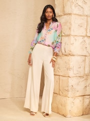 Love & Roses Pink Floral Ombre Ruffle Notch Neck 3/4 Sleeve Blouse - Image 3 of 4