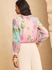 Love & Roses Pink Floral Ombre Ruffle Notch Neck 3/4 Sleeve Blouse - Image 4 of 4