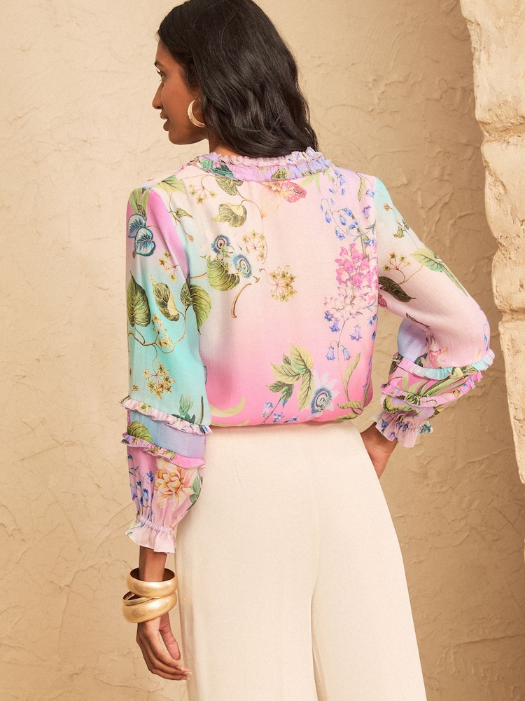 Love & Roses Pink Floral Ombre Ruffle Notch Neck 3/4 Sleeve Blouse - Image 4 of 4 Love & Roses Pink Floral Ombre Ruffle Notch Neck 3/4 Sleeve Blouse - Image 4 of 4