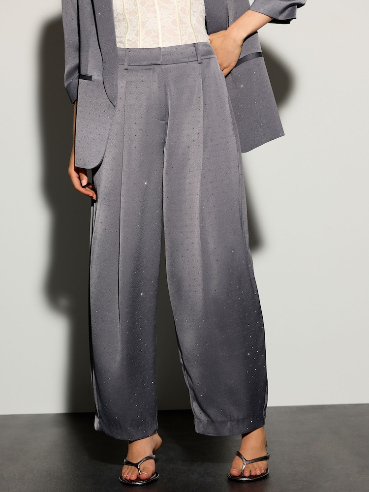 Grey Sparkle Embellished Satin Barrel Tailored Trousers - Image 2 of 8