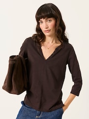FatFace Aster Chocolate Brown 3/4 Sleeve V-Neck T-Shirt - Image 1 of 6