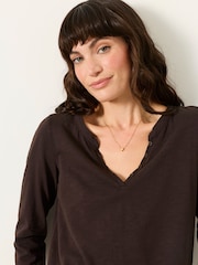 FatFace Aster Chocolate Brown 3/4 Sleeve V-Neck T-Shirt - Image 4 of 6