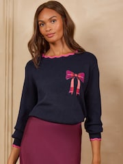 Navy Checked Bow - Love & Roses Scalloped Slash Neck Knitted Jumper - Obrázek 1 z 4
