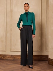 Love & Roses Teal Blue Frilled High Neck Tie Detail Long Sleeve Knitted Top - Image 3 of 5