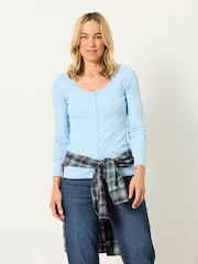 FatFace Bethan Pale Blue Button Ribbed Long Sleeve Top - Image 1 of 6