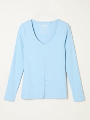 FatFace Bethan Pale Blue Button Ribbed Long Sleeve Top - Image 6 of 6