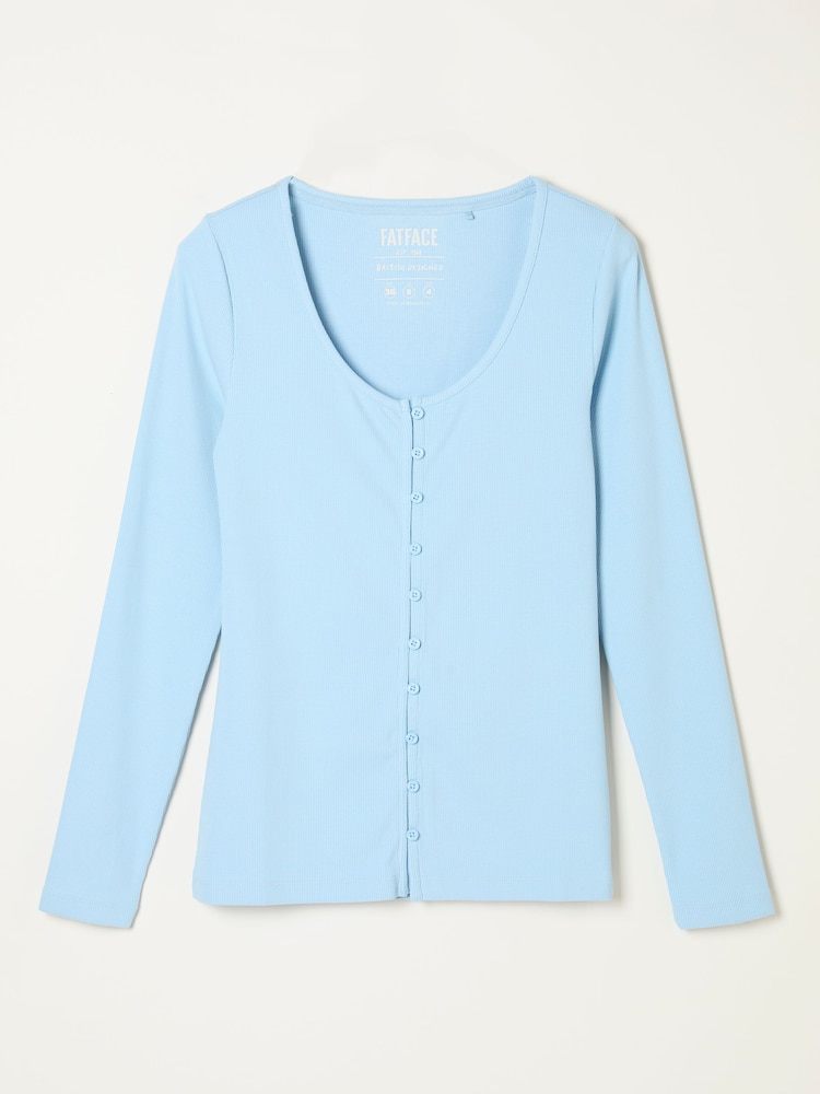 FatFace Bethan Pale Blue Button Ribbed Long Sleeve Top - Image 6 of 6 FatFace Bethan Pale Blue Button Ribbed Long Sleeve Top - Image 6 of 6