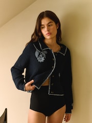 Daily by Desmond & Dempsey Navy Floral Embriodery Knitted Cardigan - Image 3 de 6