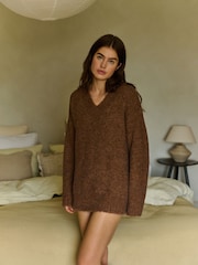 Daily by Desmond & Dempsey Caramel Brown Boucle Knit V-Neck Jumper - Image 1 of 6