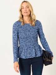 Blue Two Tone Floral - FatFace Shirred Peplum Top - Obraz 1 z 7