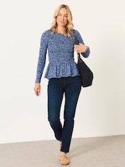 Blue Two Tone Floral - FatFace Shirred Peplum Top - Obraz 4 z 7