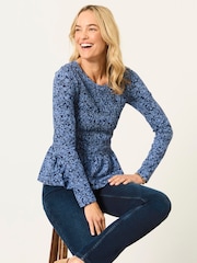 Blue Two Tone Floral - FatFace Shirred Peplum Top - Obraz 6 z 7