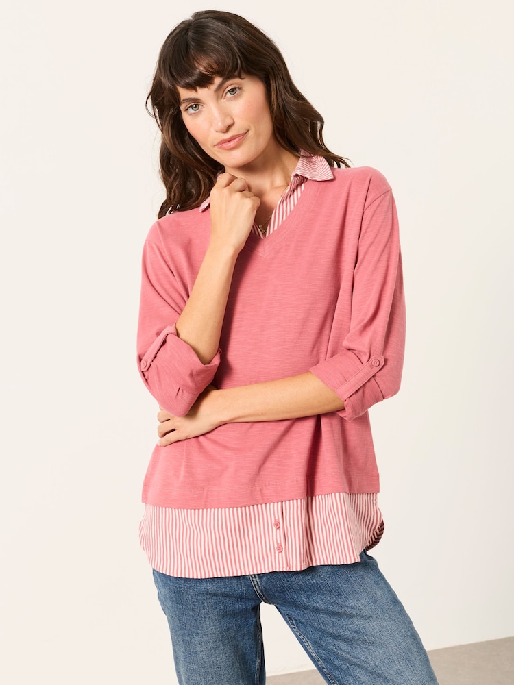 FatFace Polly Pink Stripe Double Layer Jersey Shirt - Image 1 of 6 FatFace Polly Pink Stripe Double Layer Jersey Shirt - Image 1 of 6