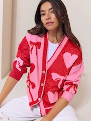 Lipsy Pink Red Bow and Heart Detail Cardigan - Image 1 of 5