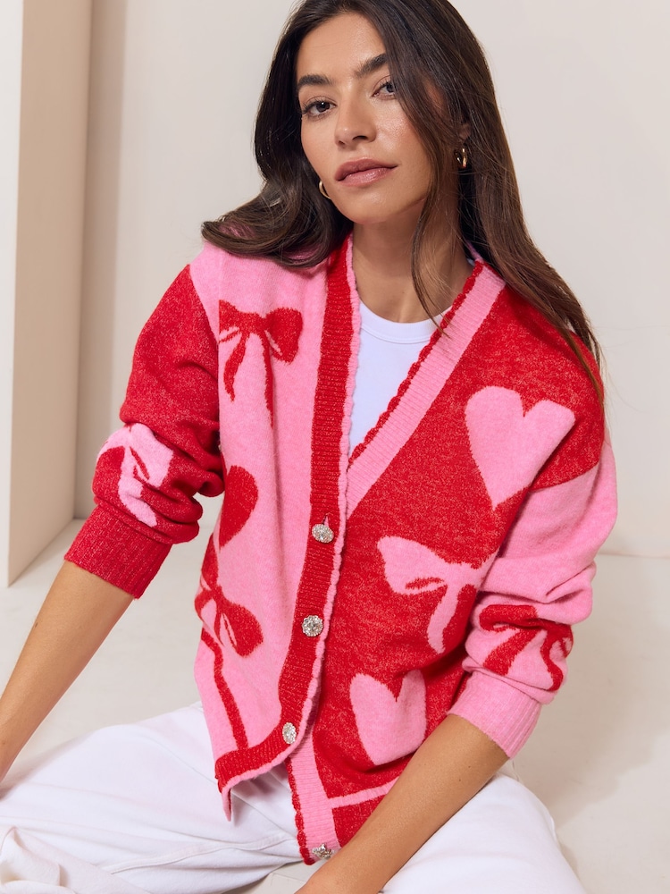 Lipsy Pink Red Bow and Heart Detail Cardigan - Image 1 of 5