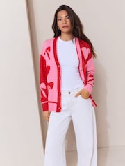 Lipsy Pink Red Bow and Heart Detail Cardigan - Image 2 of 5