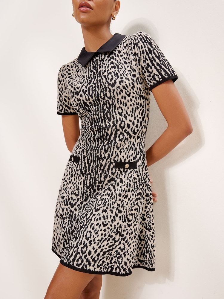 Lipsy Animal Contrast Collar Knitted Mini Dress - Image 2 of 5