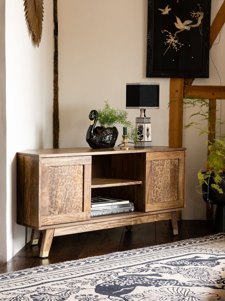 Rockett St George Mango Wood Up To 50 Inch Leopard Print Corner TV Unit - Image 1 of 13 Rockett St George Mango Wood Up To 50 Inch Leopard Print Corner TV Unit - Image 1 of 13
