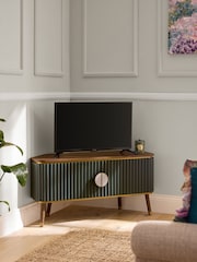 Clarke & Clarke Ribbed Green Mango Wood Calisto Corner Up to 50 Inch TV Unit - Image 1 of 9