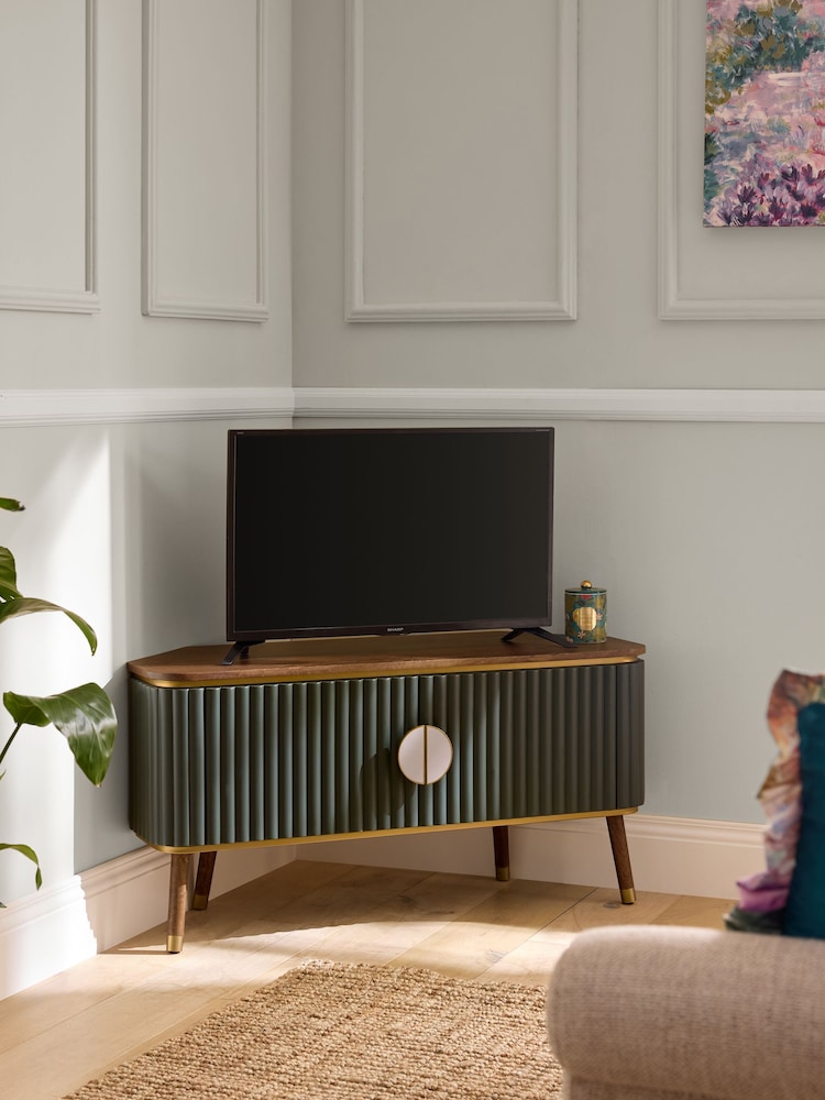 Clarke & Clarke Ribbed Green Mango Wood Calisto Corner Up to 50 Inch TV Unit - Image 1 of 9 Clarke & Clarke Ribbed Green Mango Wood Calisto Corner Up to 50 Inch TV Unit - Image 1 of 9