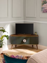 Clarke & Clarke Ribbed Green Mango Wood Calisto Corner Up to 50 Inch TV Unit - Image 2 of 9