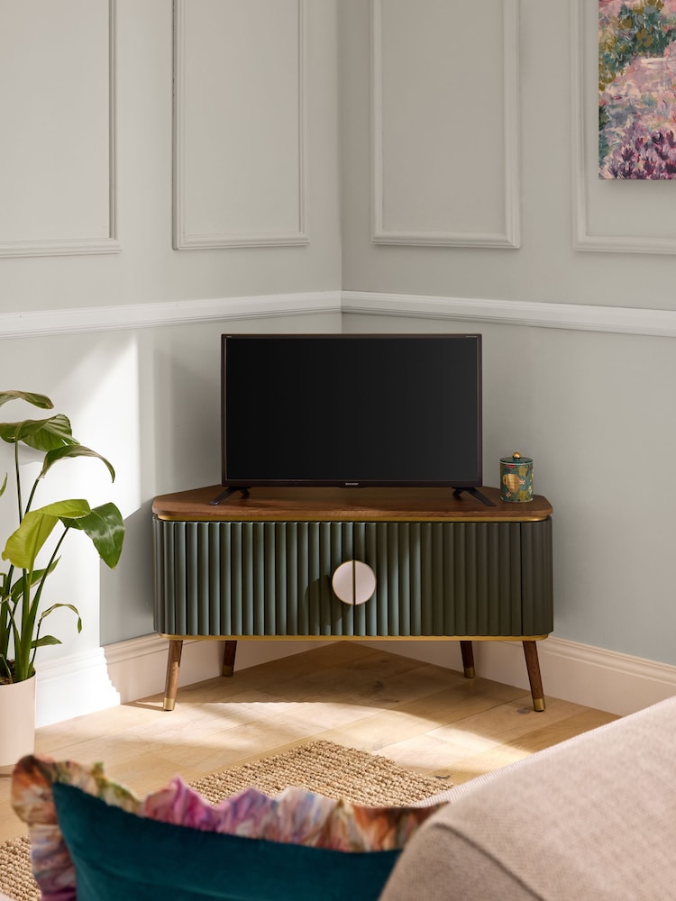 Clarke & Clarke Ribbed Green Mango Wood Calisto Corner Up to 50 Inch TV Unit - Image 2 of 9 Clarke & Clarke Ribbed Green Mango Wood Calisto Corner Up to 50 Inch TV Unit - Image 2 of 9