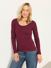 FatFace Bethan Plum Purple Button Ribbed Long Sleeve Top - Image 1 of 6