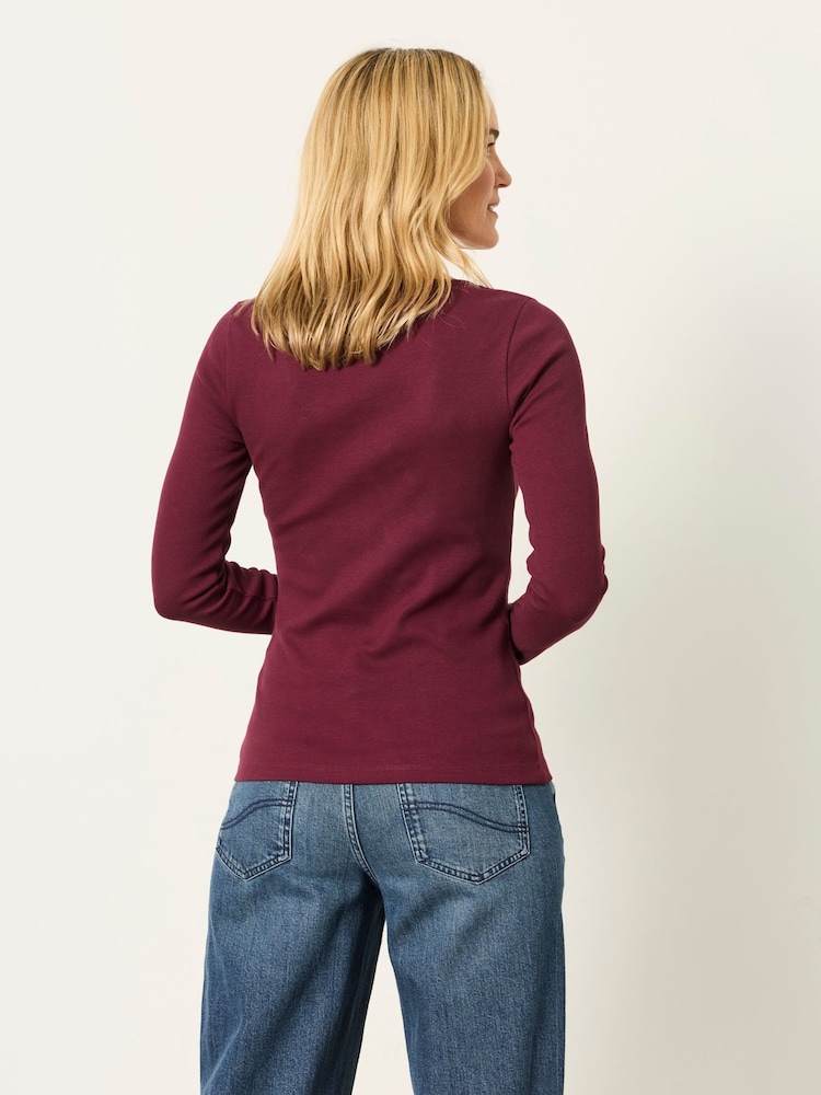 FatFace Bethan Plum Purple Button Ribbed Long Sleeve Top - Image 2 of 6