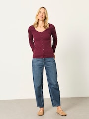 FatFace Bethan Plum Purple Button Ribbed Long Sleeve Top - Image 4 of 6