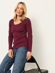 FatFace Bethan Plum Purple Button Ribbed Long Sleeve Top - Image 5 of 6