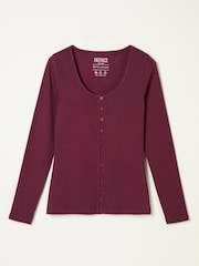 FatFace Bethan Plum Purple Button Ribbed Long Sleeve Top - Image 6 of 6