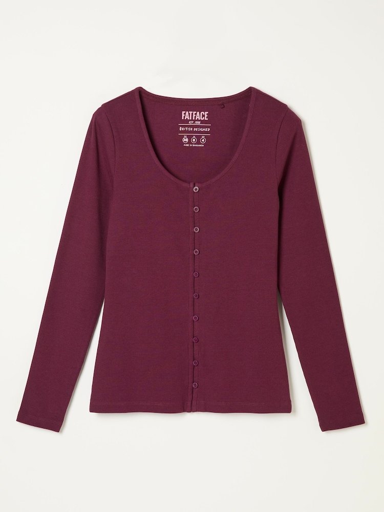FatFace Bethan Plum Purple Button Ribbed Long Sleeve Top - Image 6 of 6