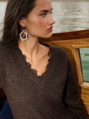 Lipsy x Gemma Owen Chocolate Brown V-Neck Lace Detail Jumper - Image 2 of 3
