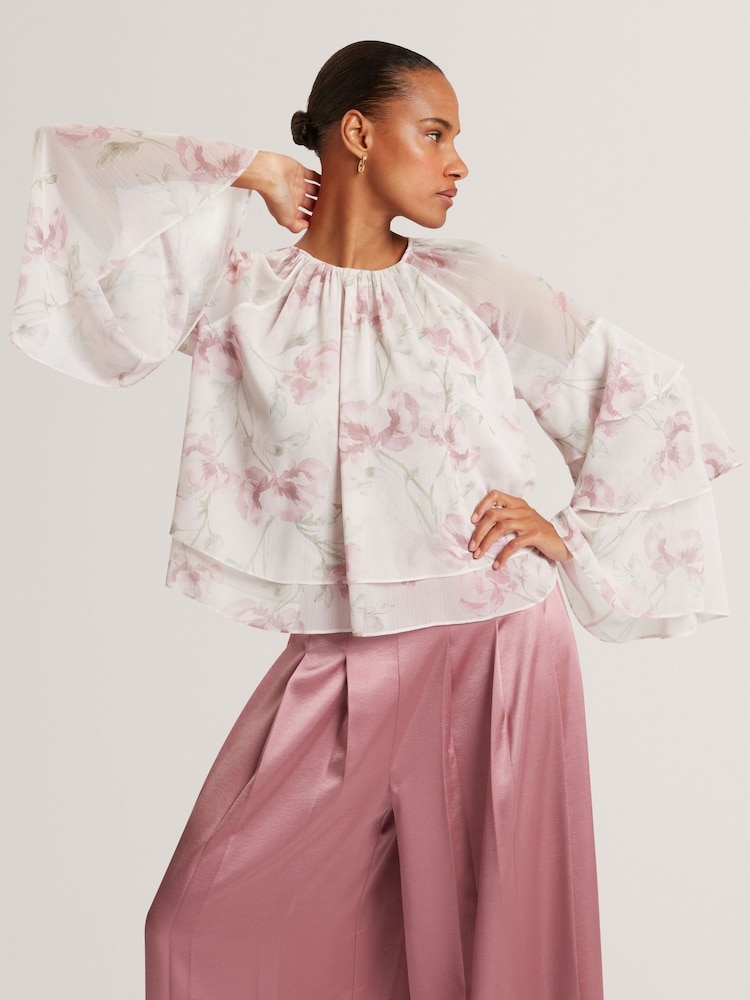 Ted Baker Pink Gathered Neck Floral Print Long Sleeve Top - Image 2 of 7