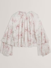 Ted Baker Pink Gathered Neck Floral Print Long Sleeve Top - Image 6 of 7