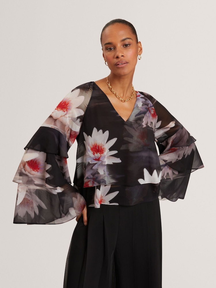 Ted Baker Black V-Neck Long Sleeve Ruffled Top - Image 1 of 7