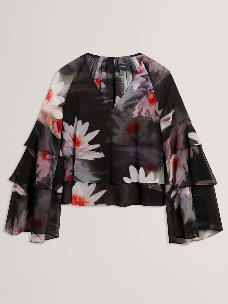 Ted Baker Black V-Neck Long Sleeve Ruffled Top - Image 7 of 7