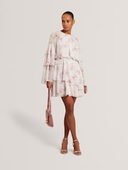 Ted Baker Pink Floral Print Tiered Mini Dress - Image 1 of 5
