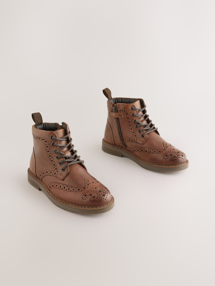 Tan Brown Leather Lace Up Brogue Boots - Image 1 of 4 Tan Brown Leather Lace Up Brogue Boots - Image 1 of 4