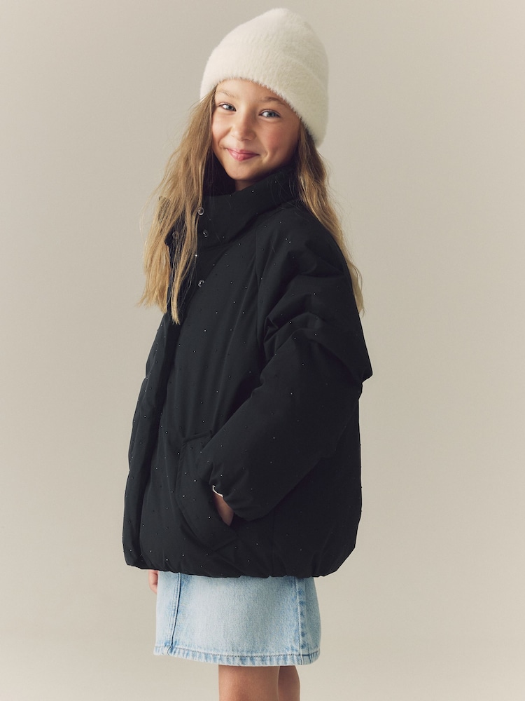 Black Diamanté Shower Resistant Padded Coat (3-16yrs) - Image 1 of 10 Black Diamanté Shower Resistant Padded Coat (3-16yrs) - Image 1 of 10