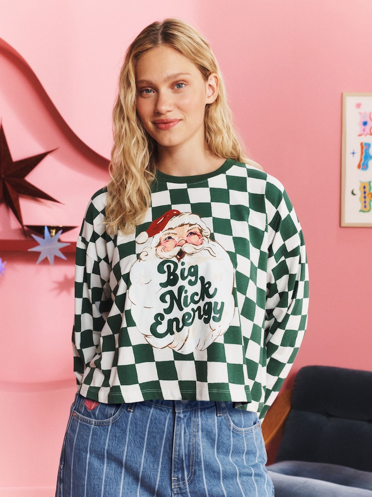 Eleanor Bowmer Green/Ecru Big Nick Energy Modal Long Sleeve T-Shirt - Image 1 of 3 Eleanor Bowmer Green/Ecru Big Nick Energy Modal Long Sleeve T-Shirt - Image 1 of 3