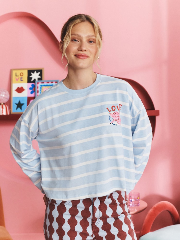 Eleanor Bowmer Blue/Ecru Stripe Modal Long Sleeve T-Shirt - Image 1 of 5 Eleanor Bowmer Blue/Ecru Stripe Modal Long Sleeve T-Shirt - Image 1 of 5