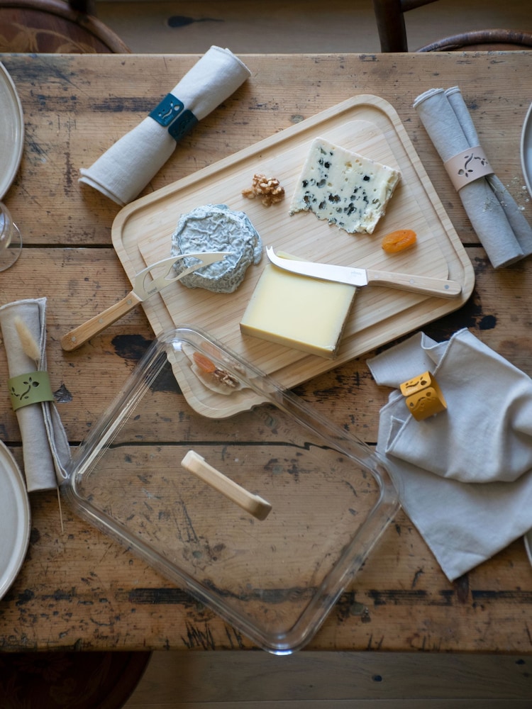 Pebbly Clear  Bamboo Cheese Box Platter Glass & Bamboo With Handle - Image 2 of 6